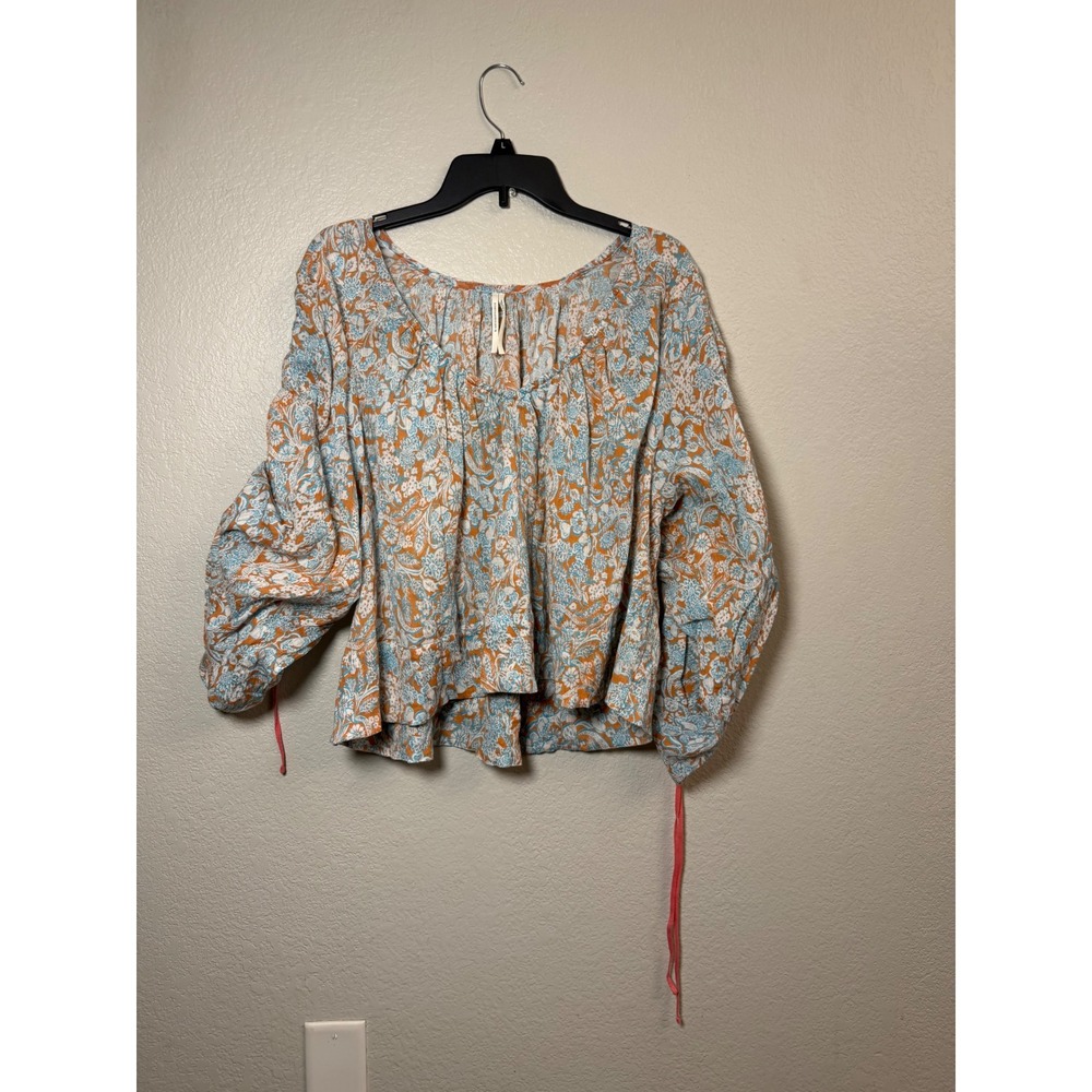 Anthropologie Orange Blue Floral Cotton Balloon Sleeve Blouse Large